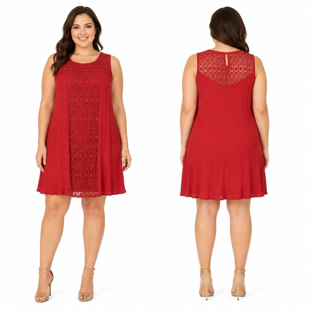 AUW Women's Red Lace Detail Sleeveless Fully Lined Pleated Swing Dress